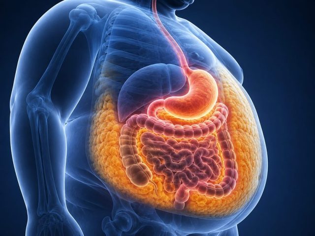 Mide ve sindirim sistemi ile karın içi yağ dokusunu gösteren anatomik illüstrasyon